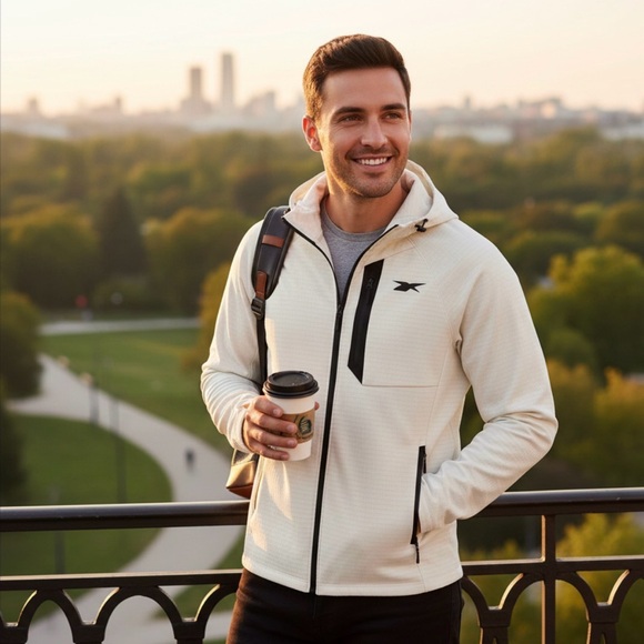 Reebok Men's Cream Hooded Performance Jacket size M Windbreaker lightweight New - Picture 2 of 14